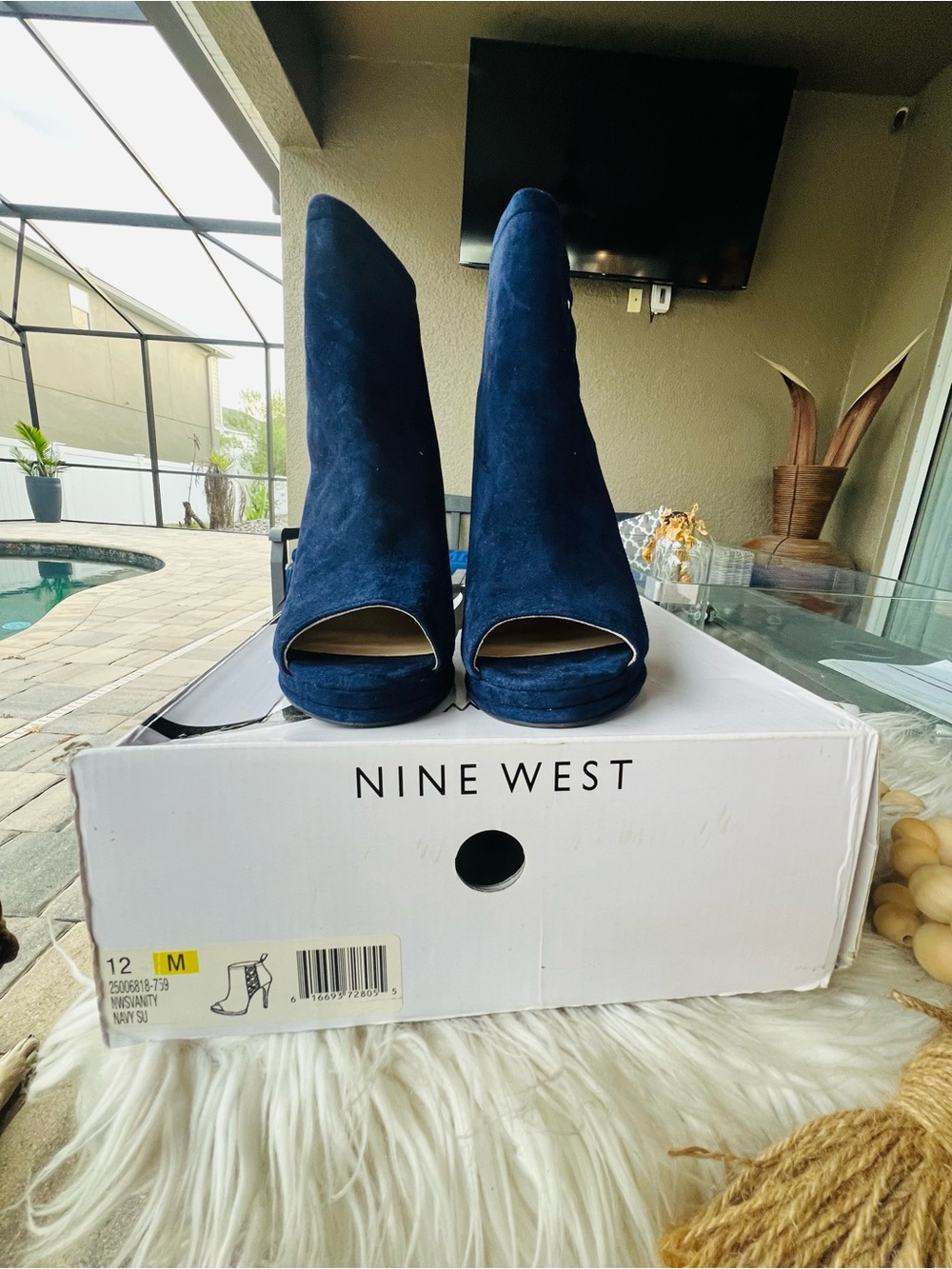 Nine West Navy Blue Suede Peep-Toe Lattice Ankle Booties - Picture 2 of 6